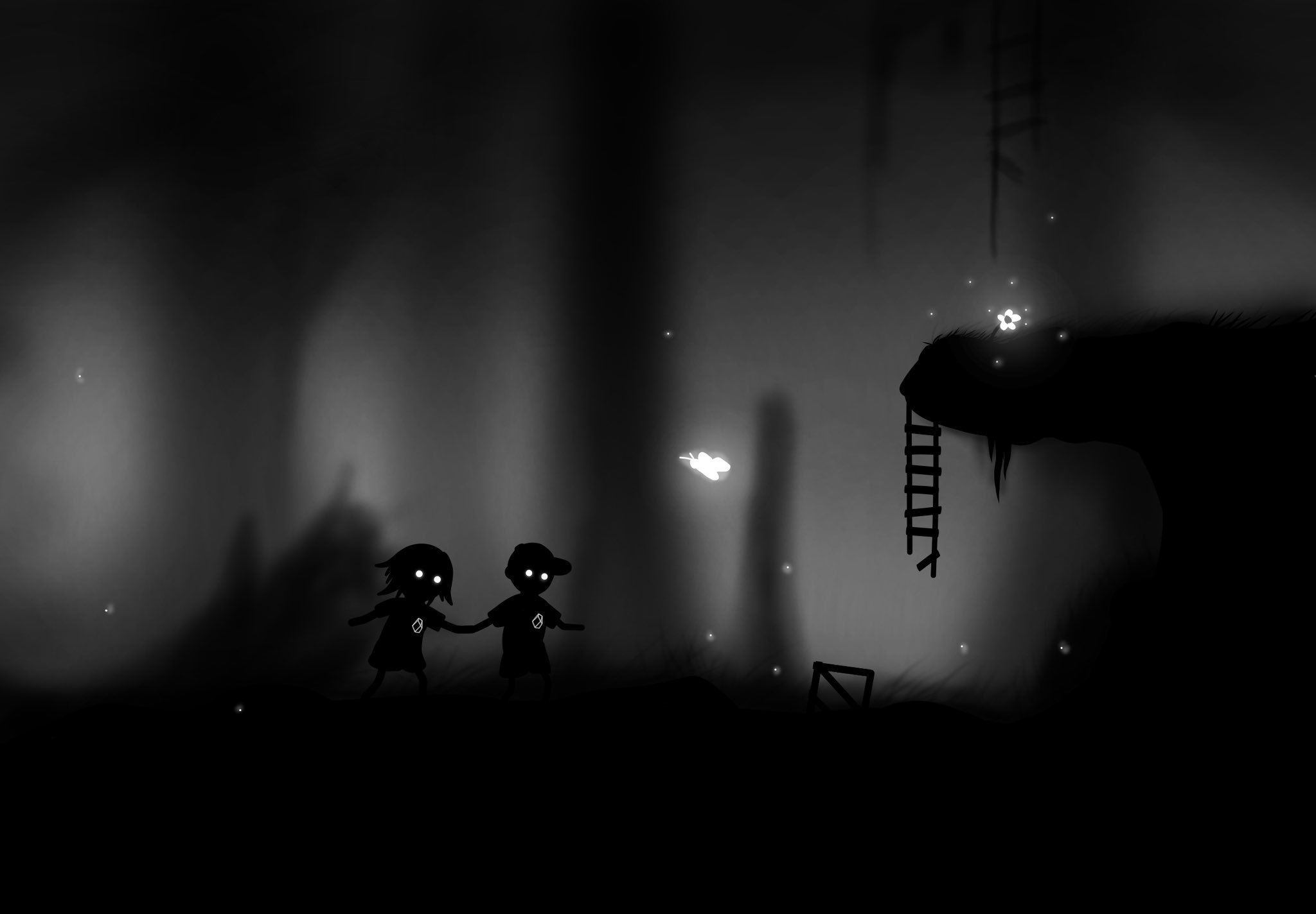 Two Seismic's Limbo characters walking through a dark world